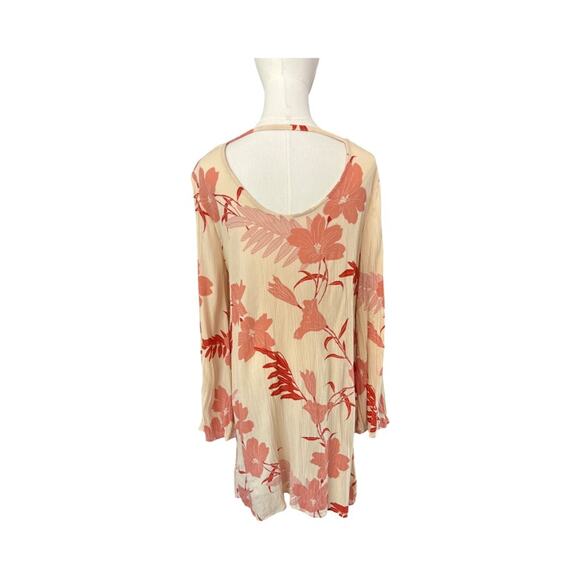 Roxy Floral Bell Sleeve Mini Dress M Boho Cream Red Open Back Beach Cover Up - Picture 8 of 9